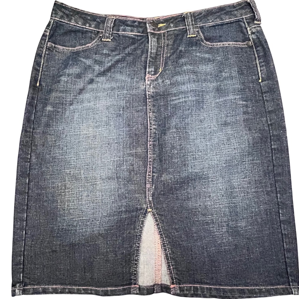Womens Denim Pencil Skirt Dark Wash Fading Front Slit Stretch Blue Size 12 Apt 9